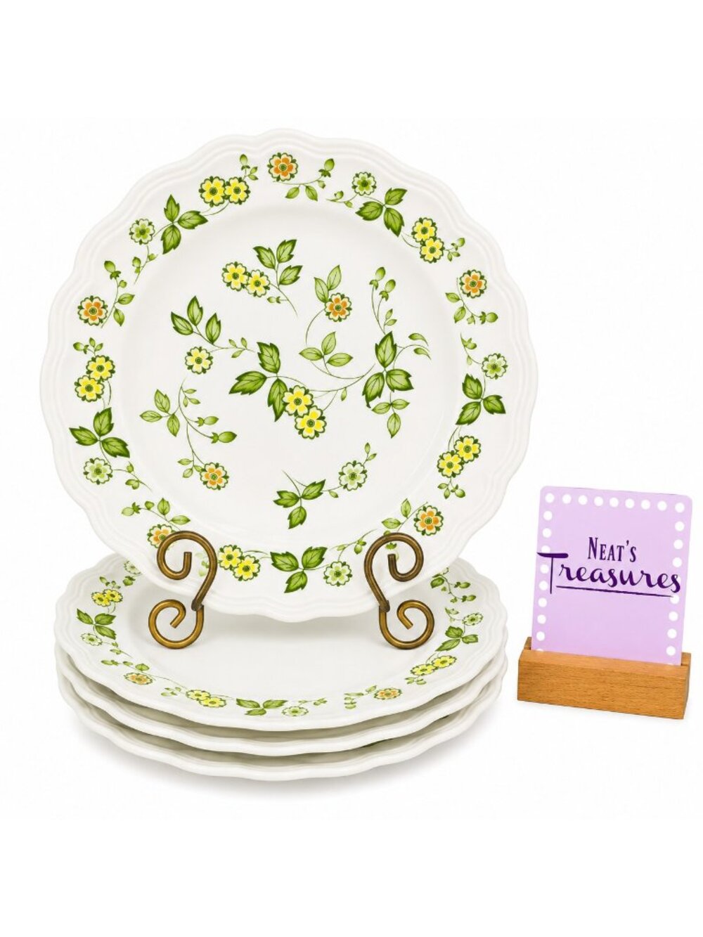 70's Sears PETITE FLORAL 4009  Yellow Orange Flower Ironstone Dinner Plate Set 4